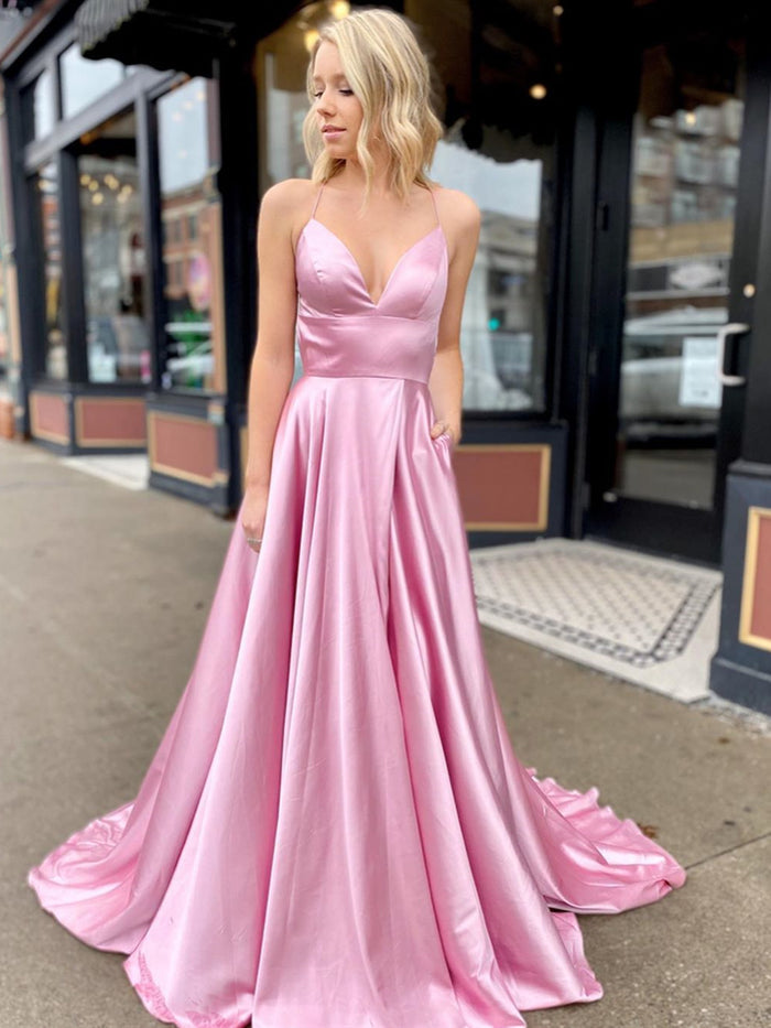 A Line V Neck Pink Backless Long Prom Dress, Pink Open Back Fomal Graduation Evening Dresses