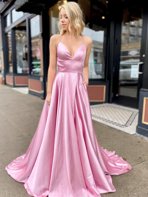 A Line V Neck Pink Backless Long Prom Dress, Pink Open Back Fomal Graduation Evening Dresses