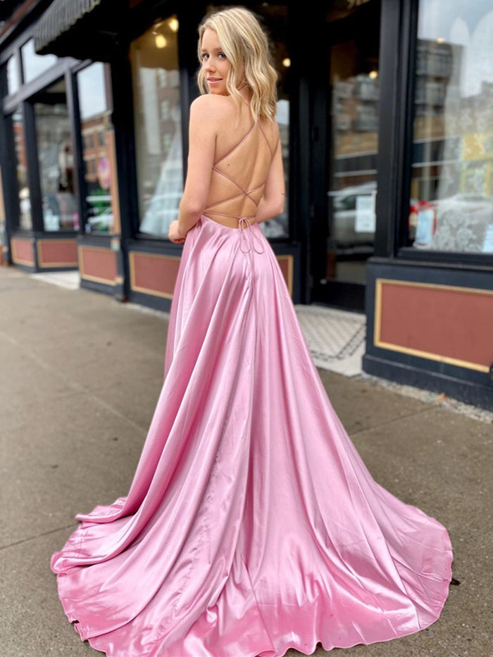 A Line V Neck Pink Backless Long Prom Dress, Pink Open Back Fomal Graduation Evening Dresses