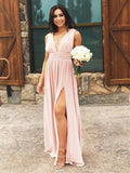 A Line V Neck Pink Chiffon Prom Dresses, Pink Long Formal Evening Bridesmaid Dresses