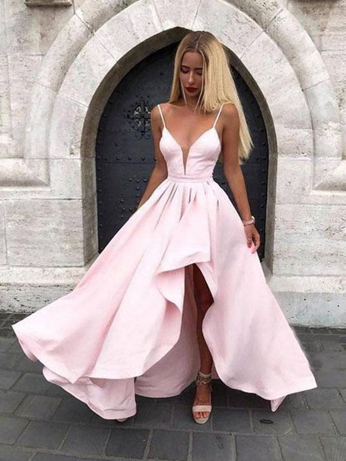 A Line V Neck Pink High Low Satin Prom Dresses, Pink High Low Satin Formal Evening Dresses