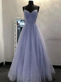 A Line V Neck Purple Tulle Prom Dresses, V Neck Purple Tulle Formal Evening Dresses