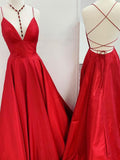 A Line V Neck Red Backless Long Prom Dresses, Open Back Red Long Formal Evening Dresses