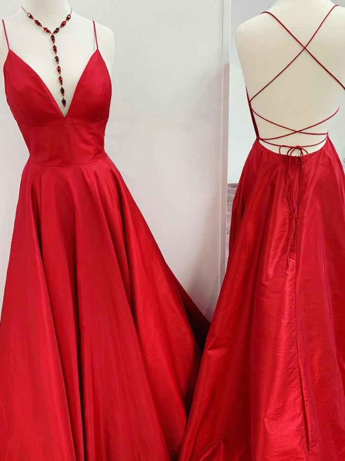 A Line V Neck Red Backless Long Prom Dresses, Open Back Red Long Formal Evening Dresses