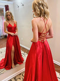 A Line V Neck Red Long Prom Dresses, Red Long Formal Evening Graduation Dresses