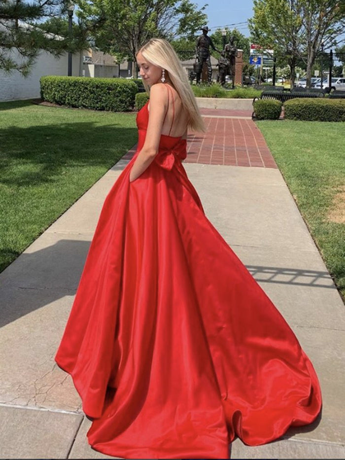 A Line V Neck Red Prom Dresses, V Neck Red Long Formal Evening Dresses