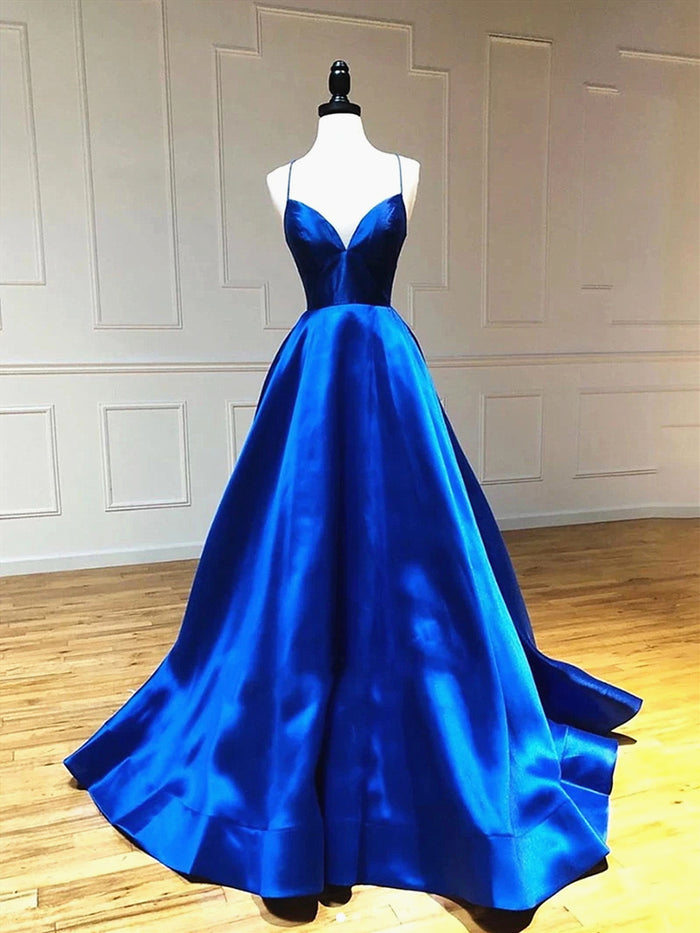 A Line V Neck Royal Blue Backless Prom Dresses, Open Back Royal Blue Formal Evening Graduation Dresses