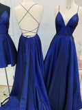 A Line V Neck Royal Blue Backless Prom Dresses, Royal Blue Backless Formal Evening Bridesmaid Dresses