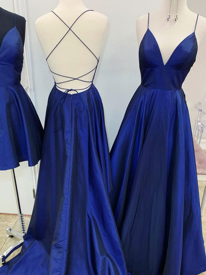 A Line V Neck Royal Blue Backless Prom Dresses, Royal Blue Backless Formal Evening Bridesmaid Dresses
