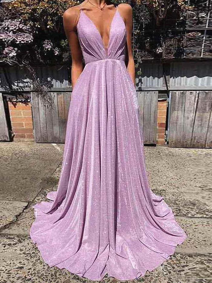 A Line V Neck Shiny Purple Prom Dresses, Shiny Purple Backless Formal Evening Dresses