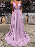 A Line V Neck Shiny Purple Prom Dresses, Shiny Purple Backless Formal Evening Dresses