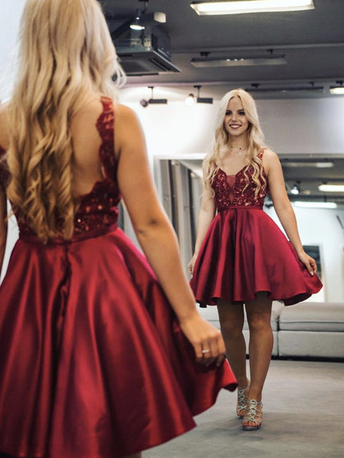 A Line V Neck Short Burgundy Lace Prom Dresses, Wine Red Short Lace Formal Graduation Dresses