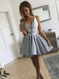 A Line V Neck Short Gray Lace Prom Dresses, Short Grey Lace Formal Evening Dresses