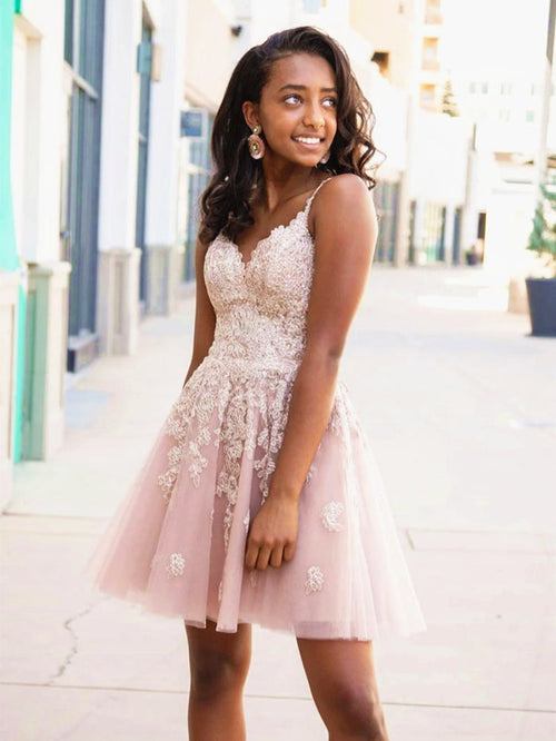 A Line V Neck Short Pink Lace Prom Dresses, Short Pink Lace Formal Homecoming Dresses