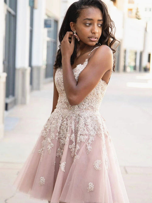 A Line V Neck Short Pink Lace Prom Dresses, Short Pink Lace Formal Homecoming Dresses