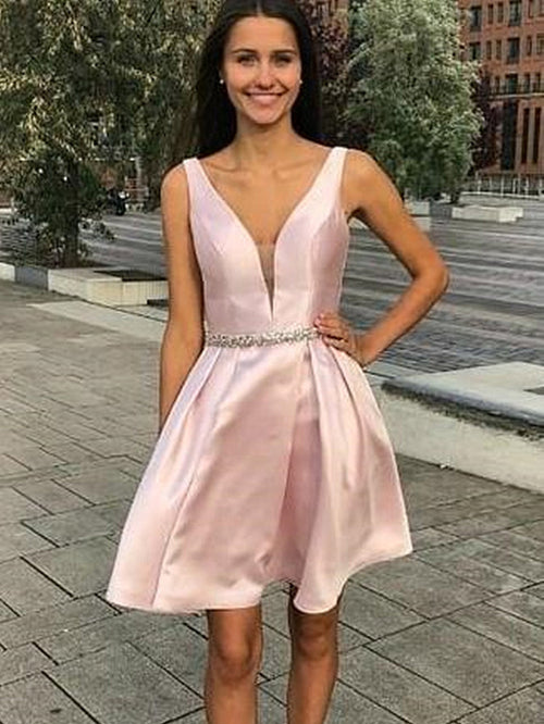 A Line V Neck Short Pink Prom Dresses, Short V Neck Pink Graduation Homecoming Dresses with Beaded Belt