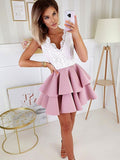 A Line V Neck Short Prom Dresses with White Lace, Short Lace Formal Homecoming Dresses