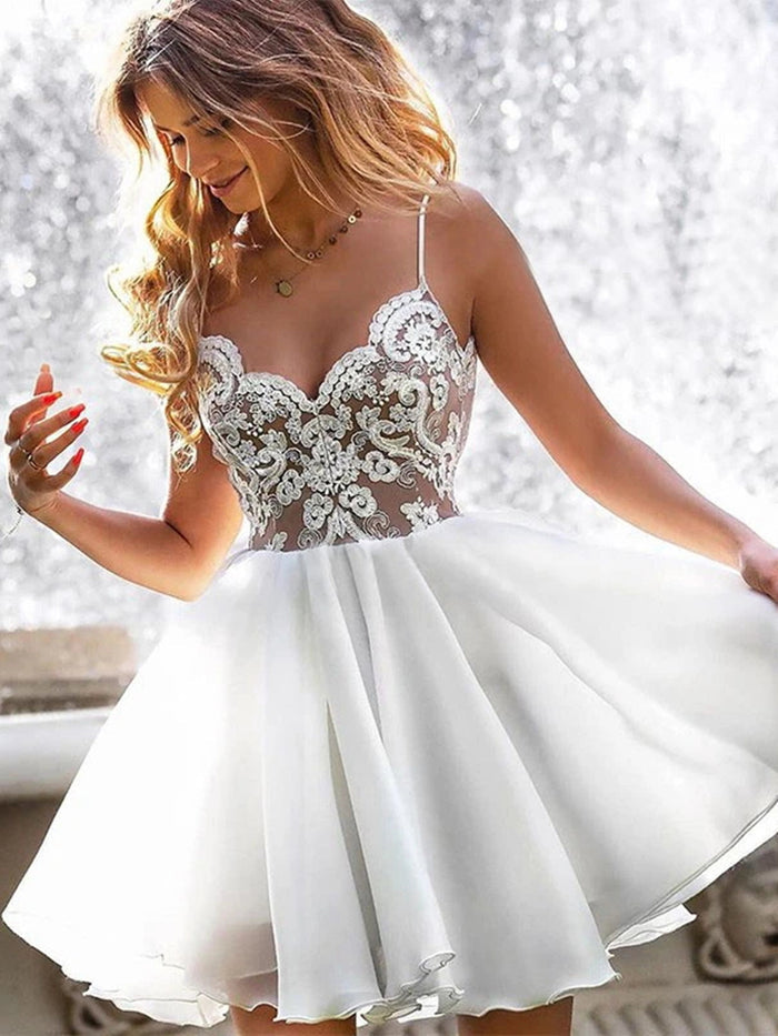 A Line V Neck Short White Lace Prom Dresses, Short White Lace Formal Homecoming Graduation Dresses
