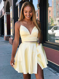 A Line V Neck Short Yellow Prom Dresses, 2 Pieces Short Yellow Formal Homecoming Dresses
