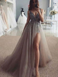 A Line V Neck Silver Gray Beaded Long Prom Dresses, Silver Gray Long Prom Dresss with Beading
