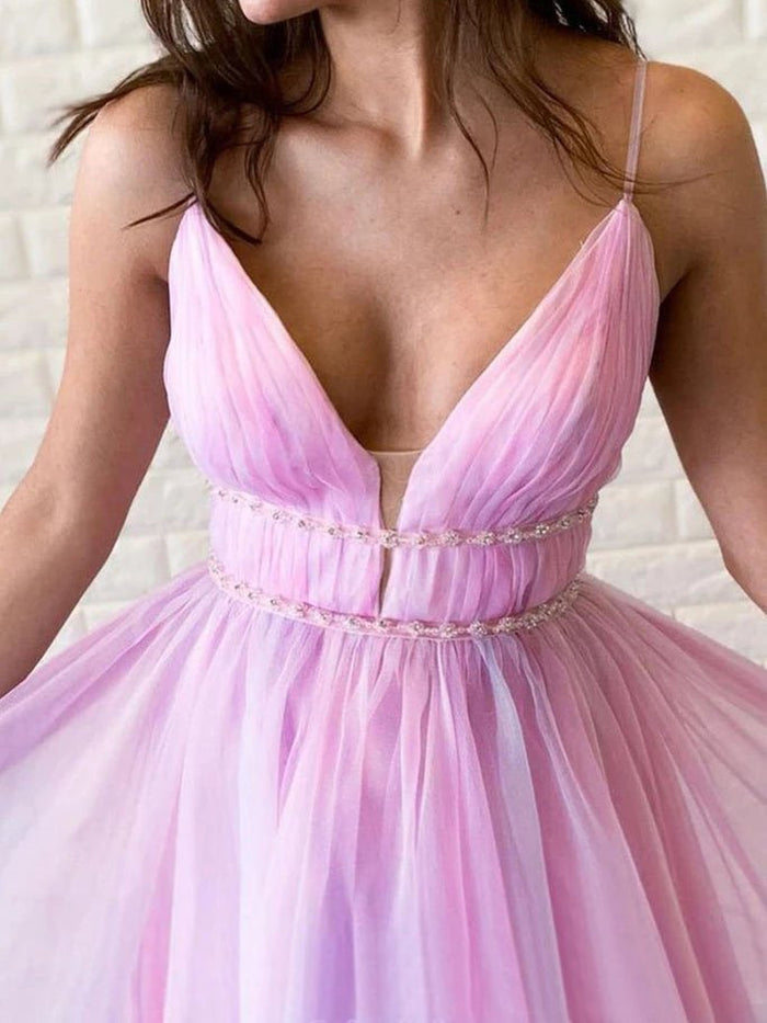 A Line V Neck Spaghetti Straps Ombre Long Prom Dresses, Ombre Long Formal Evening Dresses 4