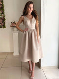 A Line V Neck Tea Length Champagne Satin Prom Dresses, Champagne Tea Length Formal Graduation Dresses