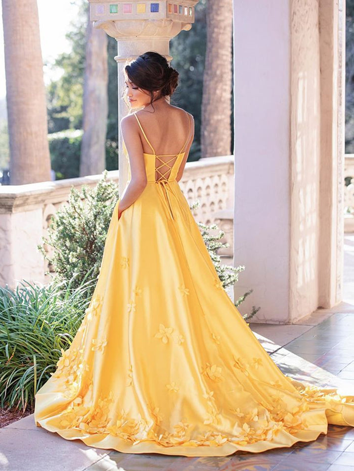 A Line V Neck Yellow Prom Dresses with Flower, Yellow Floral Long Formal Evening Graduation Dresses