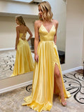 A Line V Neck Yellow Satin Backless Long Prom Dresses, Open Back Yellow Long Formal Evening Dresses