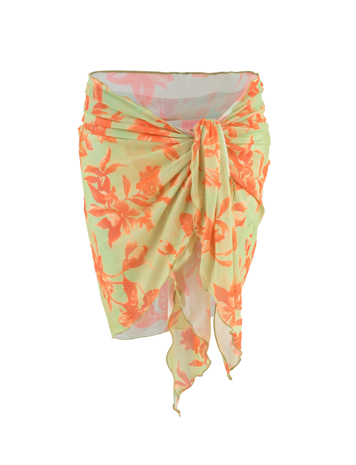 A sheer, light yellow sarong with an orange floral pattern knotted at the front pairs perfectly with the TIGERMIST AVE 2PC BIKINI BOTTOM - POP FLORAL for a breezy beachwear or summer look.