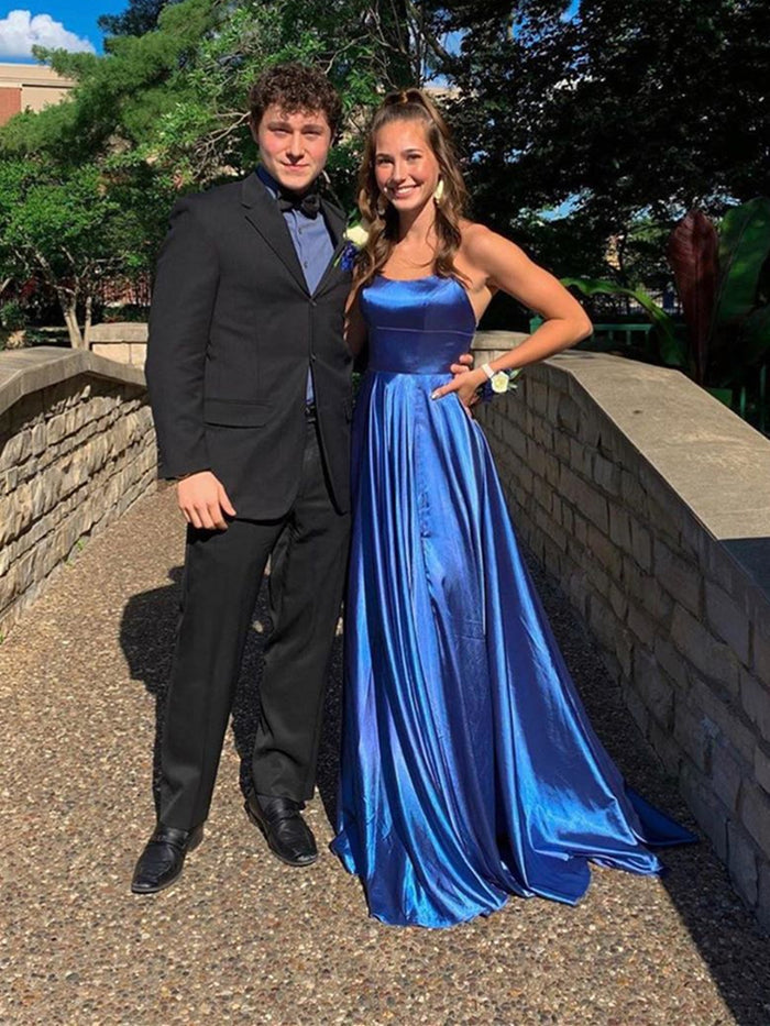 Backless Blue Long Prom Dresses, Open Back Blue Satin Long Formal Evening Dresses