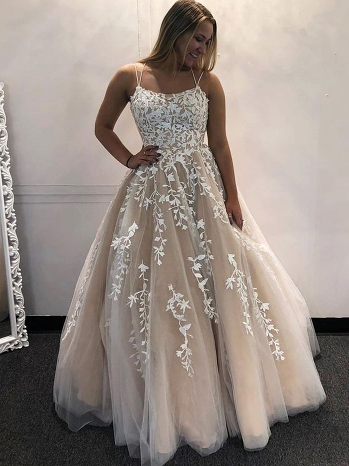 Backless Champagne Lace Wedding Dresses, Open Back Champagne Lace Formal Prom Dresses