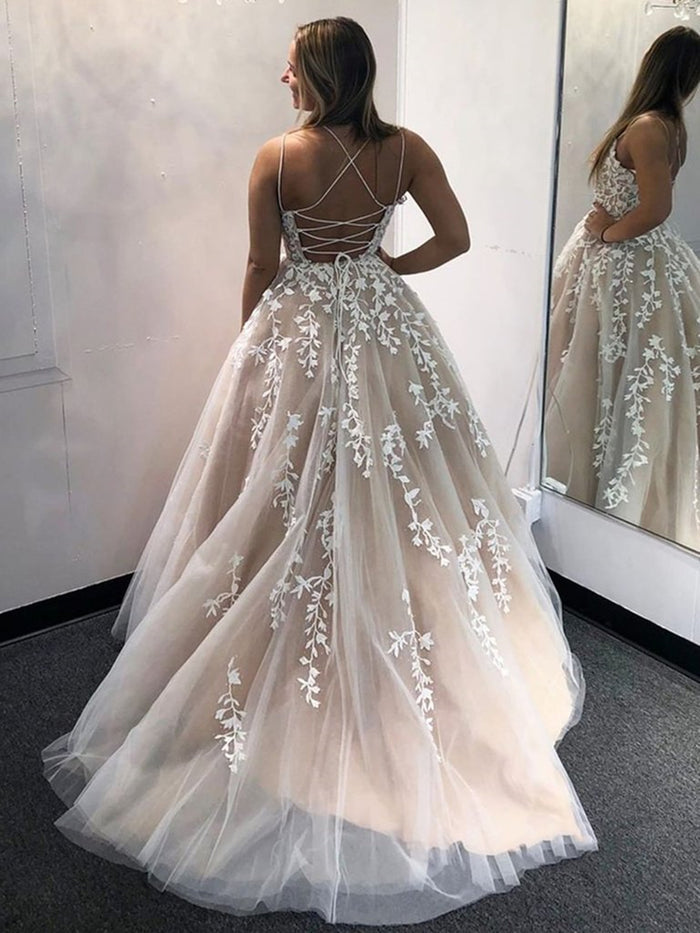 Backless Champagne Lace Wedding Dresses, Open Back Champagne Lace Formal Prom Dresses