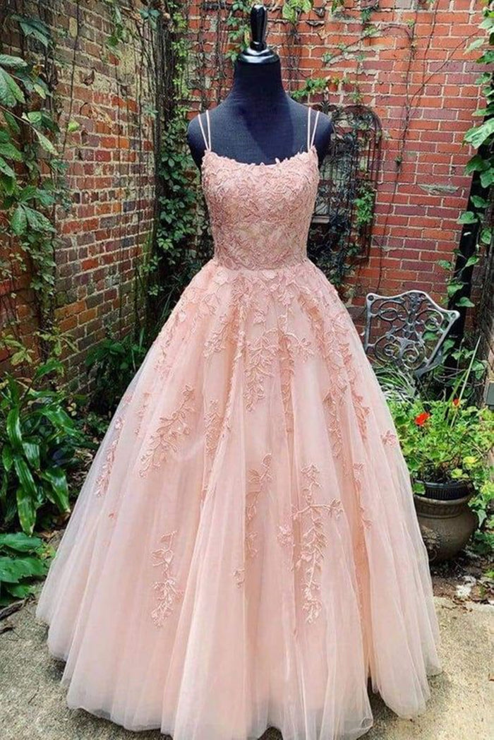 Backless Champagne Pink Long Lace Prom Dresses, Open Back Long Lace Formal Wedding Dresses