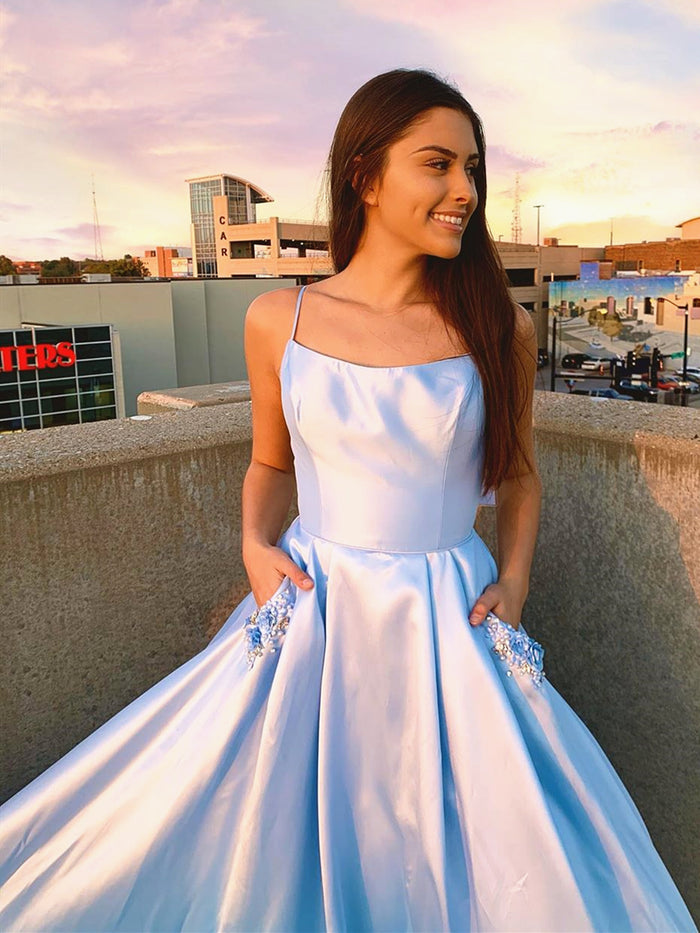 Backless Light Blue Long Prom Dress with Pockets, Backless Long Blue Formal Evening Dresses