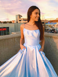 Backless Light Blue Long Prom Dress with Pockets, Backless Long Blue Formal Evening Dresses