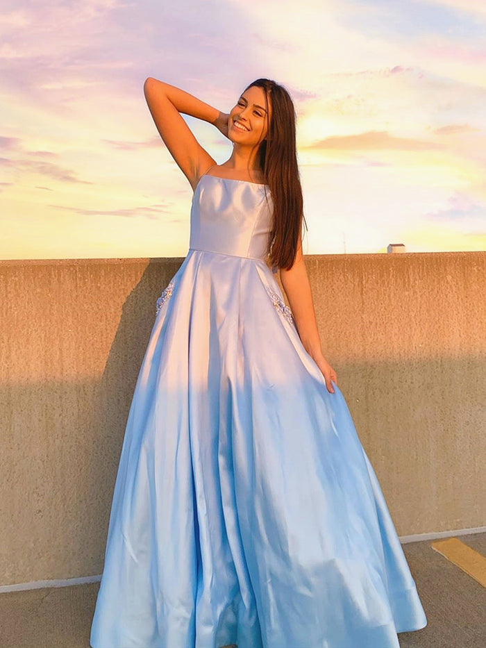 Backless Light Blue Long Prom Dress with Pockets, Backless Long Blue Formal Evening Dresses