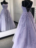 Backless Purple Lace Prom Dresses, Open Back Purple Lace Formal Evening Dresses