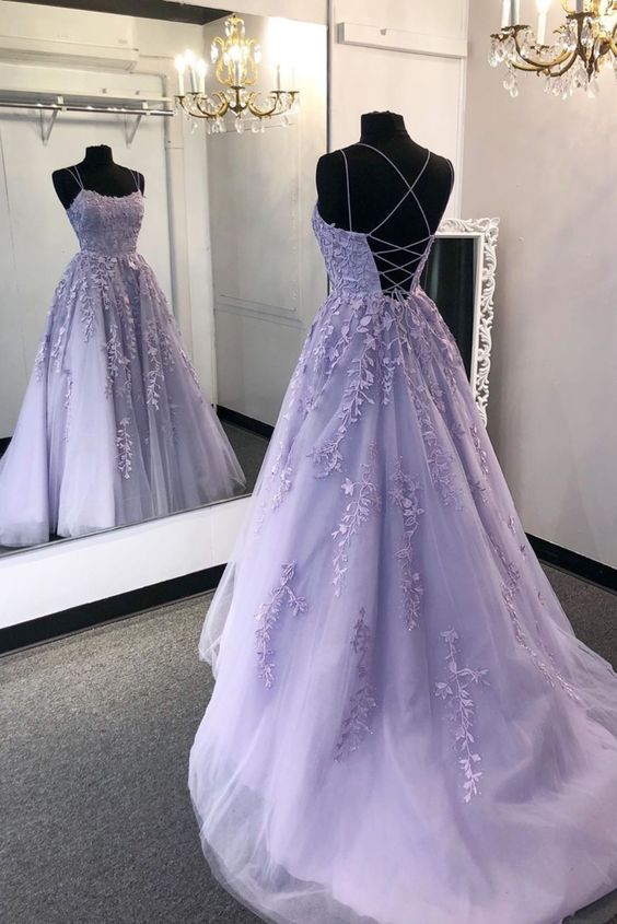 Backless Purple Lace Prom Dresses, Open Back Purple Lace Formal Evening Dresses