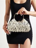 Beaded Sequin Clutch Bag with Round Gold Metal Handle, Evening Party Handbag