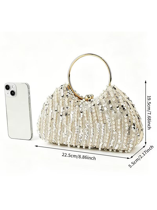 Beaded Sequin Clutch Bag with Round Gold Metal Handle, Evening Party Handbag