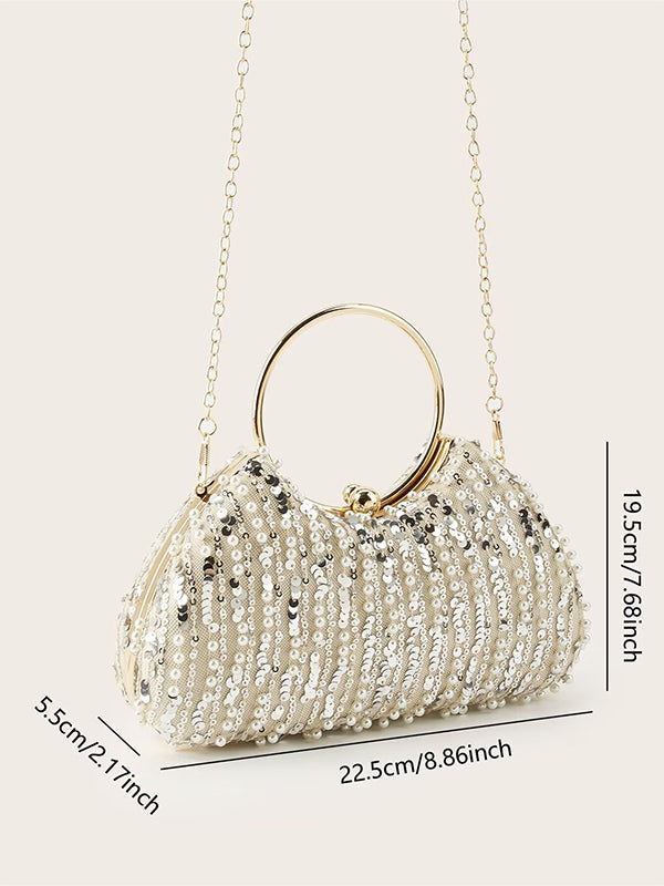 Beaded Sequin Clutch Bag with Round Gold Metal Handle, Evening Party Handbag