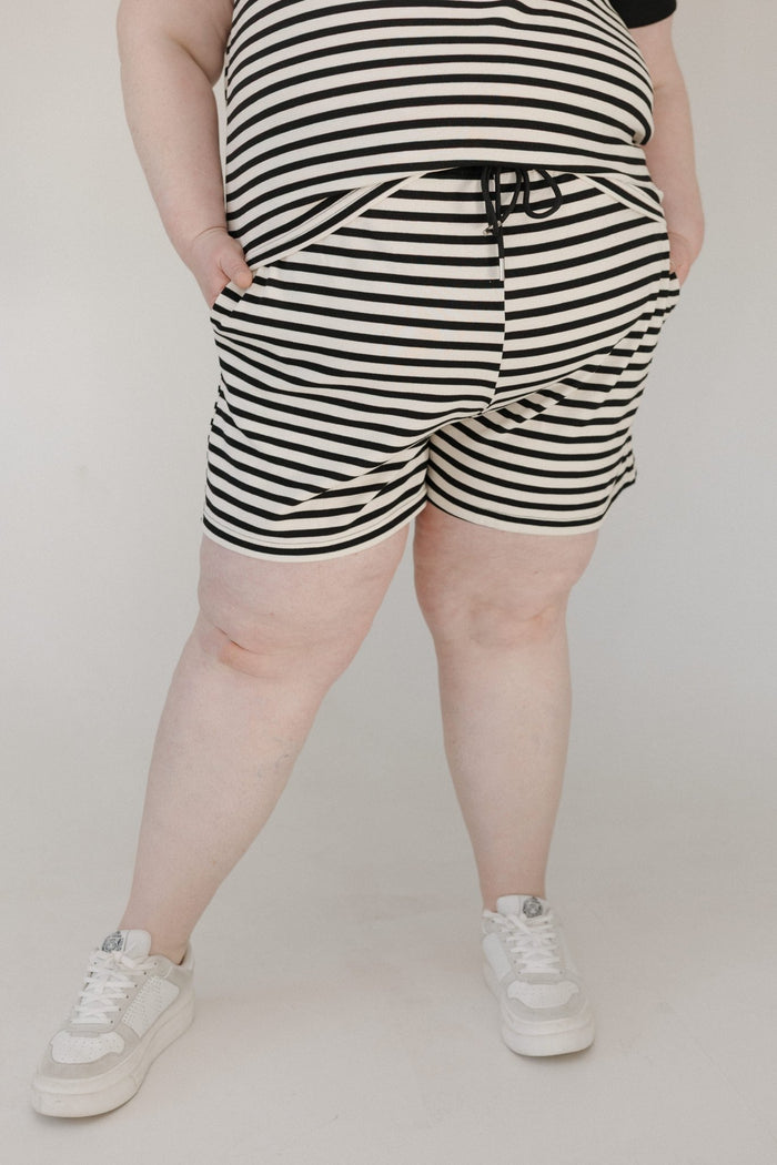Black Accent Striped Drawstring Shorts - Love Marlow
