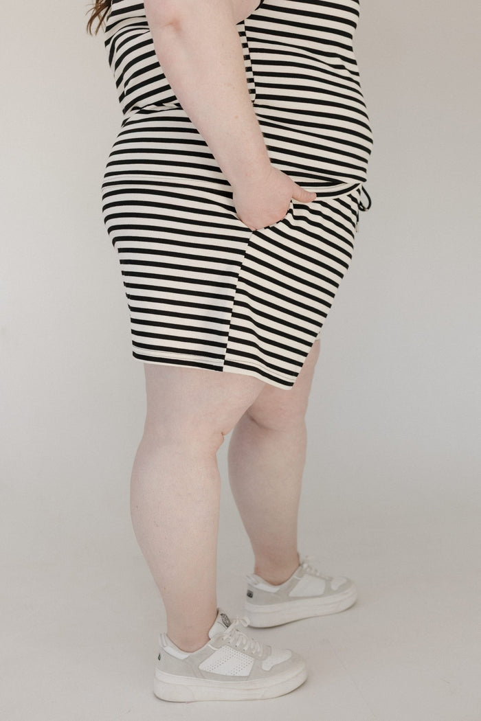 Black Accent Striped Drawstring Shorts - Love Marlow