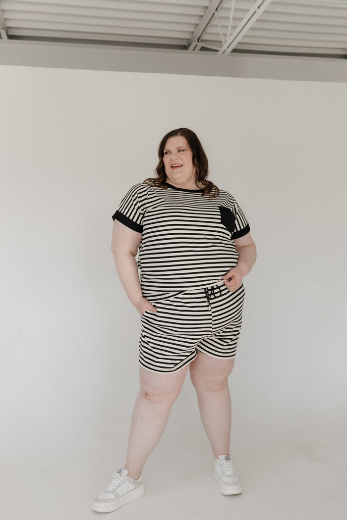 Black Accent Striped Drawstring Shorts - Love Marlow