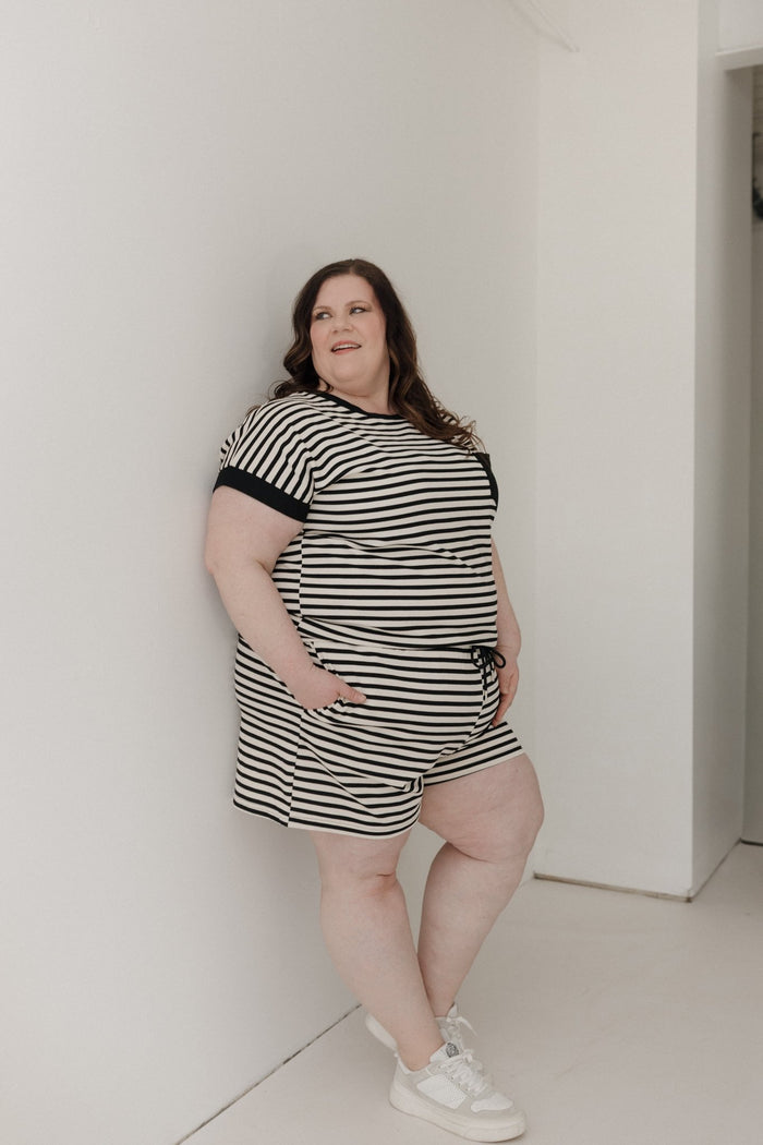 Black Accent Striped Drawstring Shorts - Love Marlow