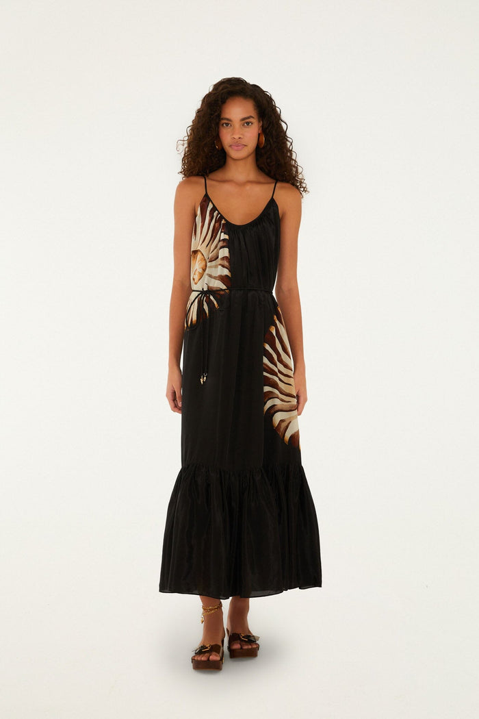 FARM Rio model wearing the Black Ammonite Belted Pockets Open Back Maxi Dress