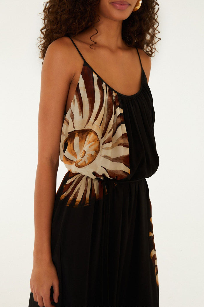 FARM Rio model wearing the Black Ammonite Belted Pockets Open Back Maxi Dress