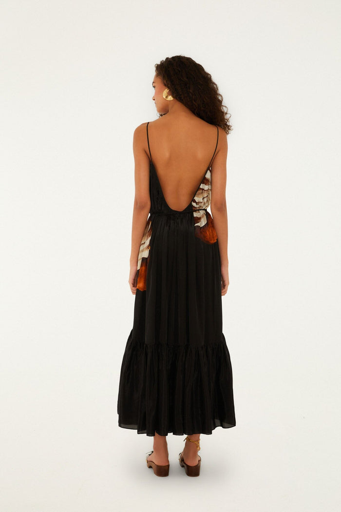 FARM Rio model wearing the Black Ammonite Belted Pockets Open Back Maxi Dress