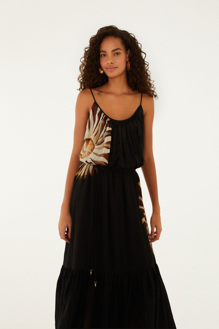 FARM Rio model wearing the Black Ammonite Belted Pockets Open Back Maxi Dress
