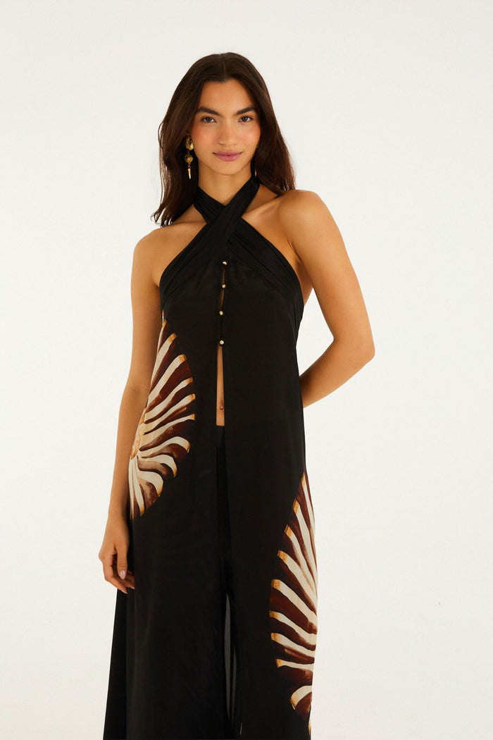 FARM Rio model wearing the Black Ammonite Halter Neck Open Front Midi Tunic